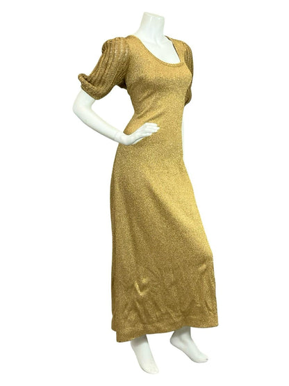VTG 60S 70S GOLD GLITTERY LUREX PUFF SLEEVE DISCO STUDIO 54 PARTY MAXI DRESS 12