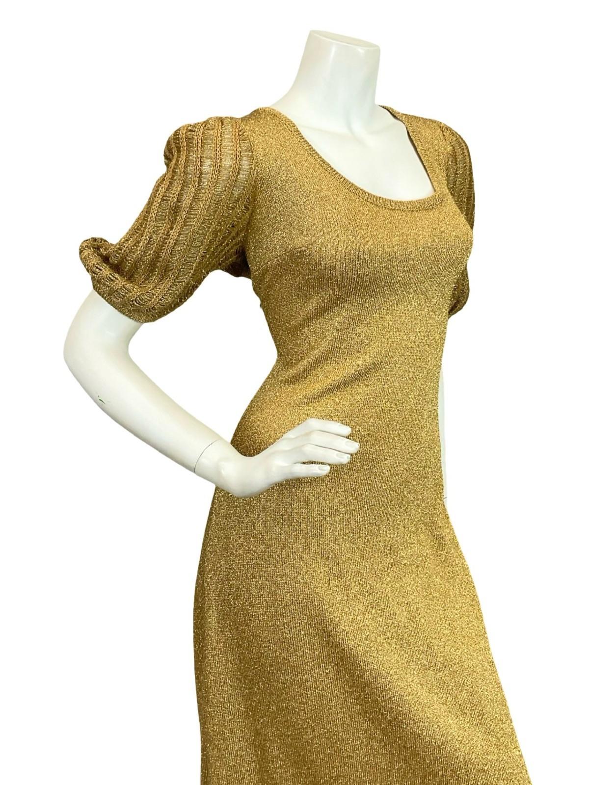 VTG 60S 70S GOLD GLITTERY LUREX PUFF SLEEVE DISCO STUDIO 54 PARTY MAXI DRESS 12