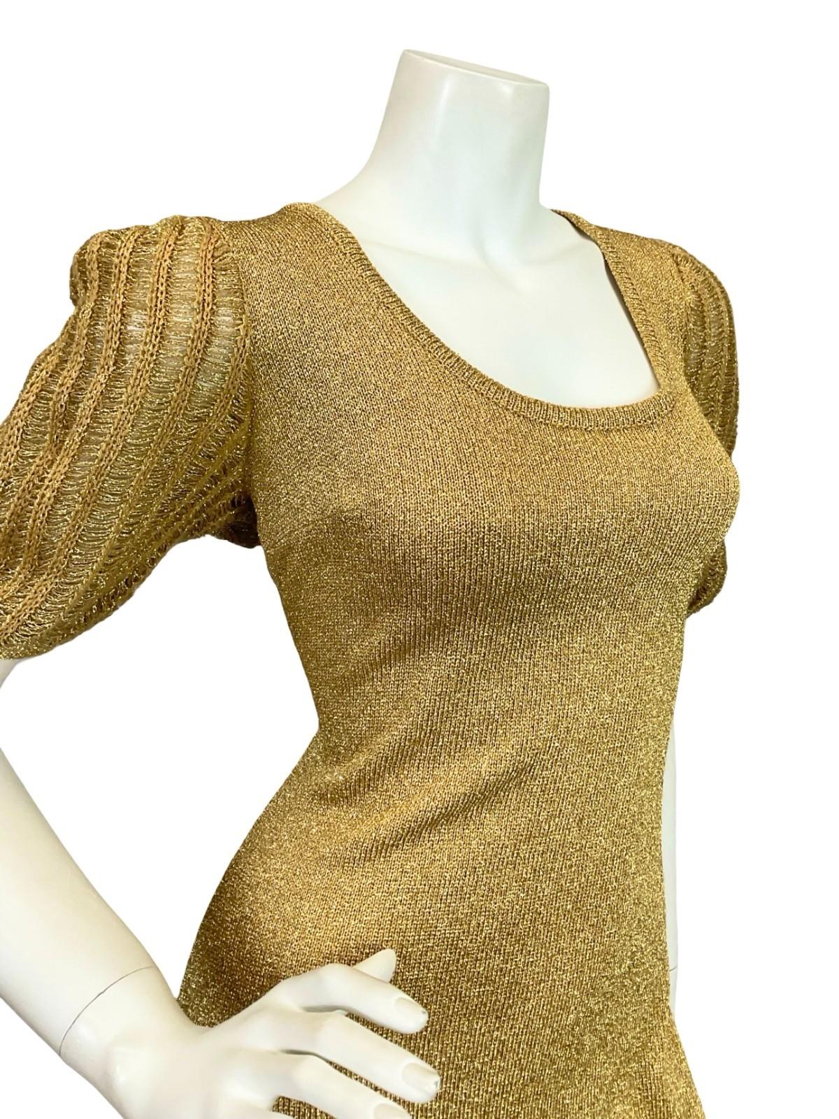 VTG 60S 70S GOLD GLITTERY LUREX PUFF SLEEVE DISCO STUDIO 54 PARTY MAXI DRESS 12