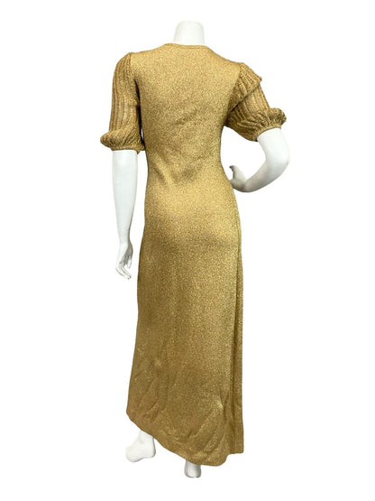 VTG 60S 70S GOLD GLITTERY LUREX PUFF SLEEVE DISCO STUDIO 54 PARTY MAXI DRESS 12