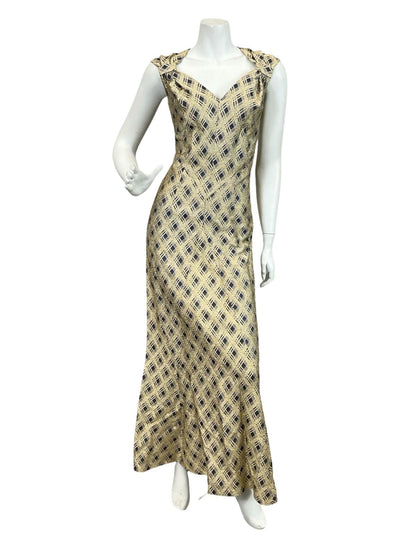VTG 60S 70S GOLD NAVY BLUE GLITTERING PLAID GEOMETRIC SWEETHEART MAXI DRESS 12