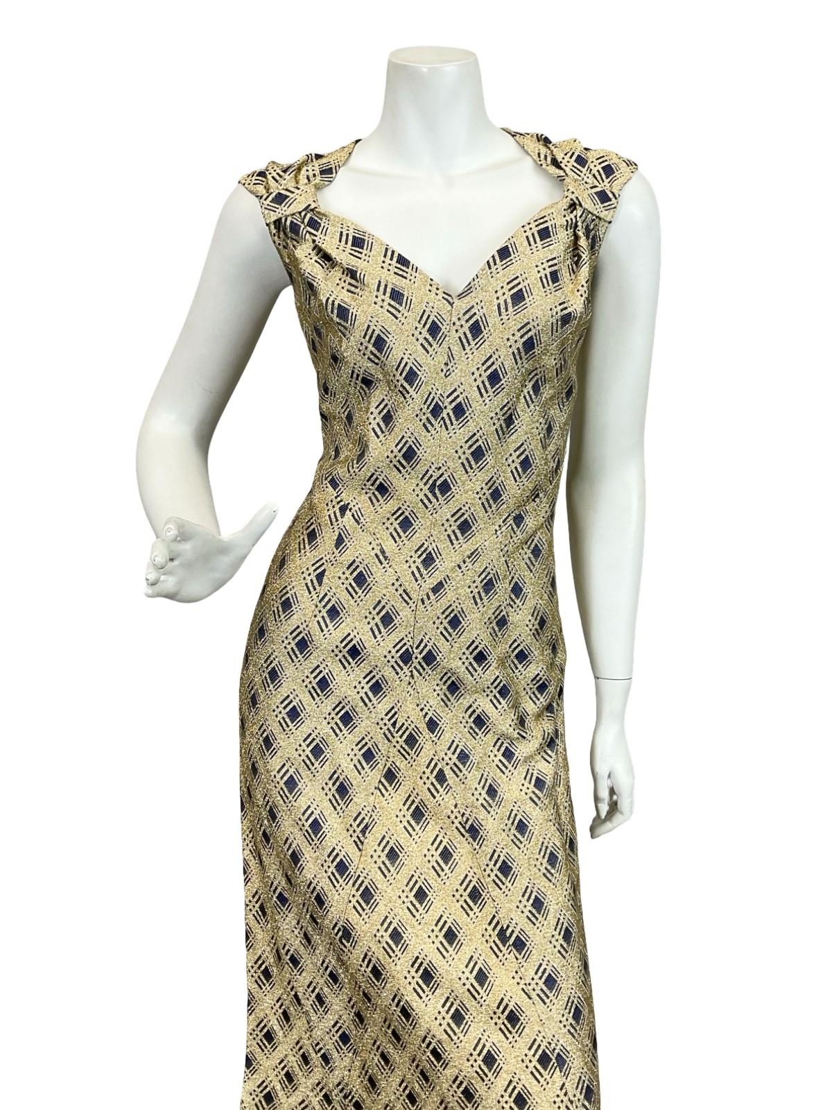 VTG 60S 70S GOLD NAVY BLUE GLITTERING PLAID GEOMETRIC SWEETHEART MAXI DRESS 12