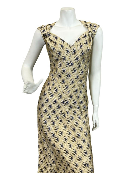 VTG 60S 70S GOLD NAVY BLUE GLITTERING PLAID GEOMETRIC SWEETHEART MAXI DRESS 12