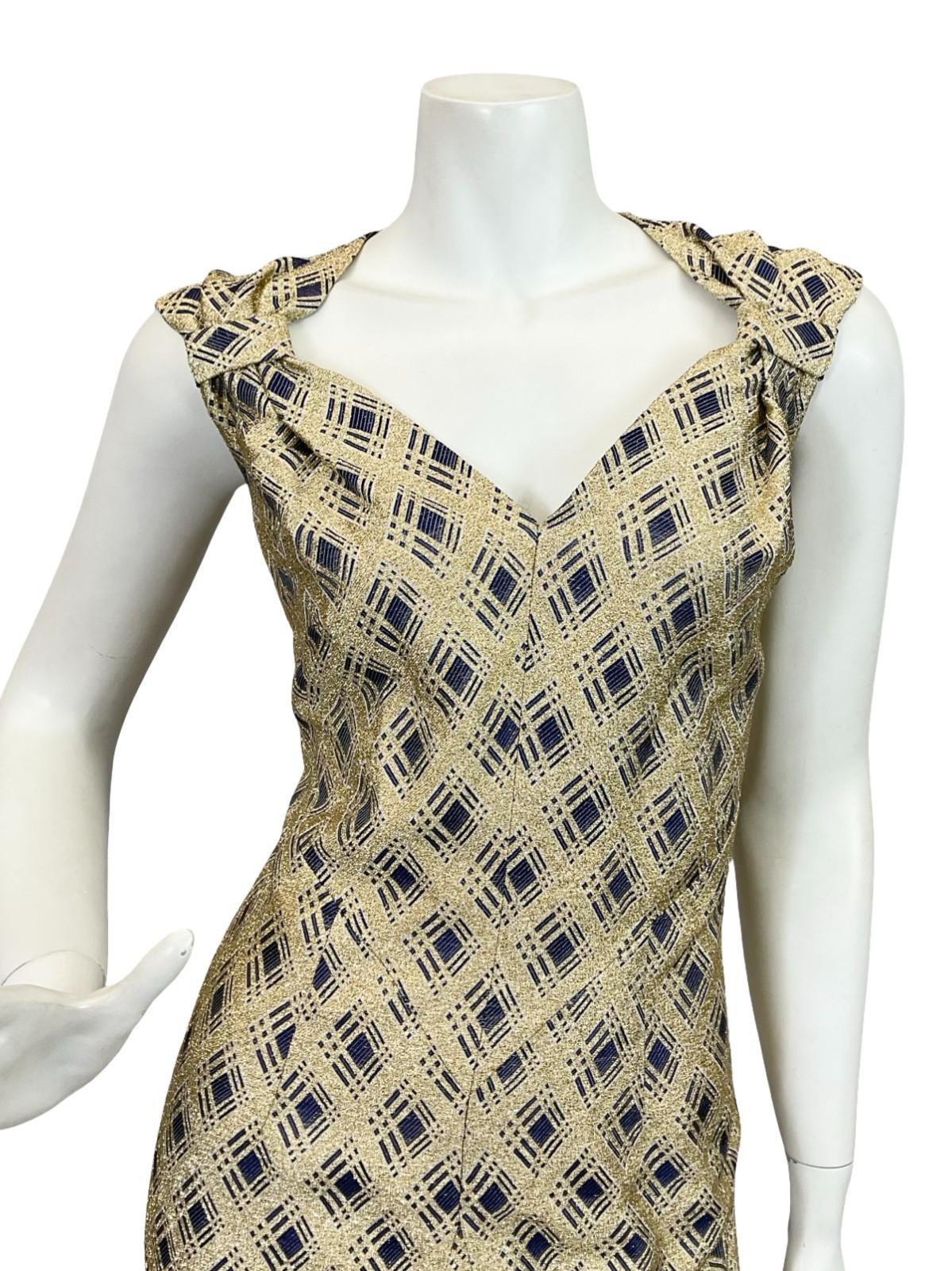 VTG 60S 70S GOLD NAVY BLUE GLITTERING PLAID GEOMETRIC SWEETHEART MAXI DRESS 12