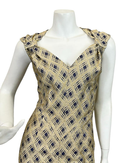 VTG 60S 70S GOLD NAVY BLUE GLITTERING PLAID GEOMETRIC SWEETHEART MAXI DRESS 12