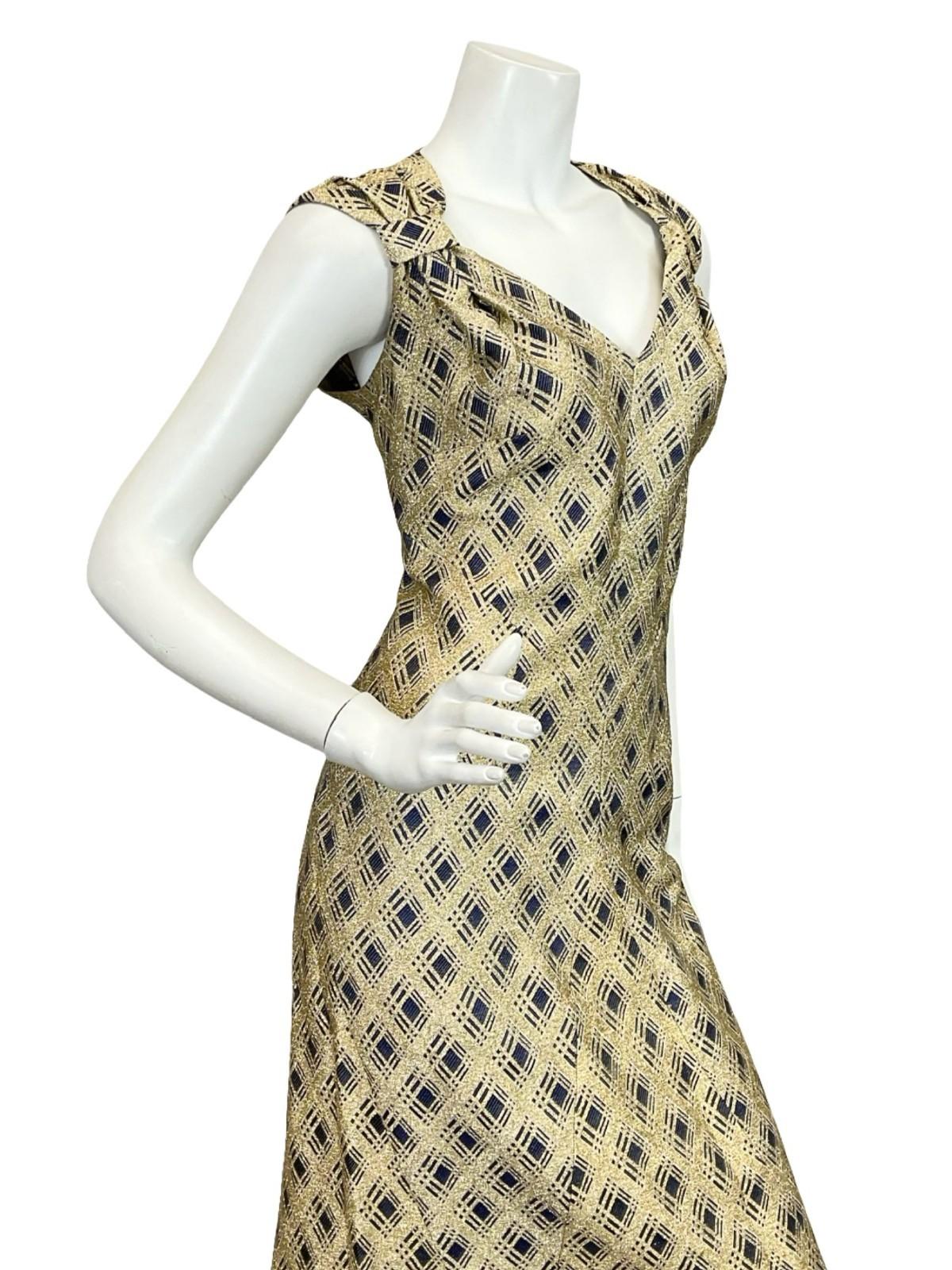 VTG 60S 70S GOLD NAVY BLUE GLITTERING PLAID GEOMETRIC SWEETHEART MAXI DRESS 12