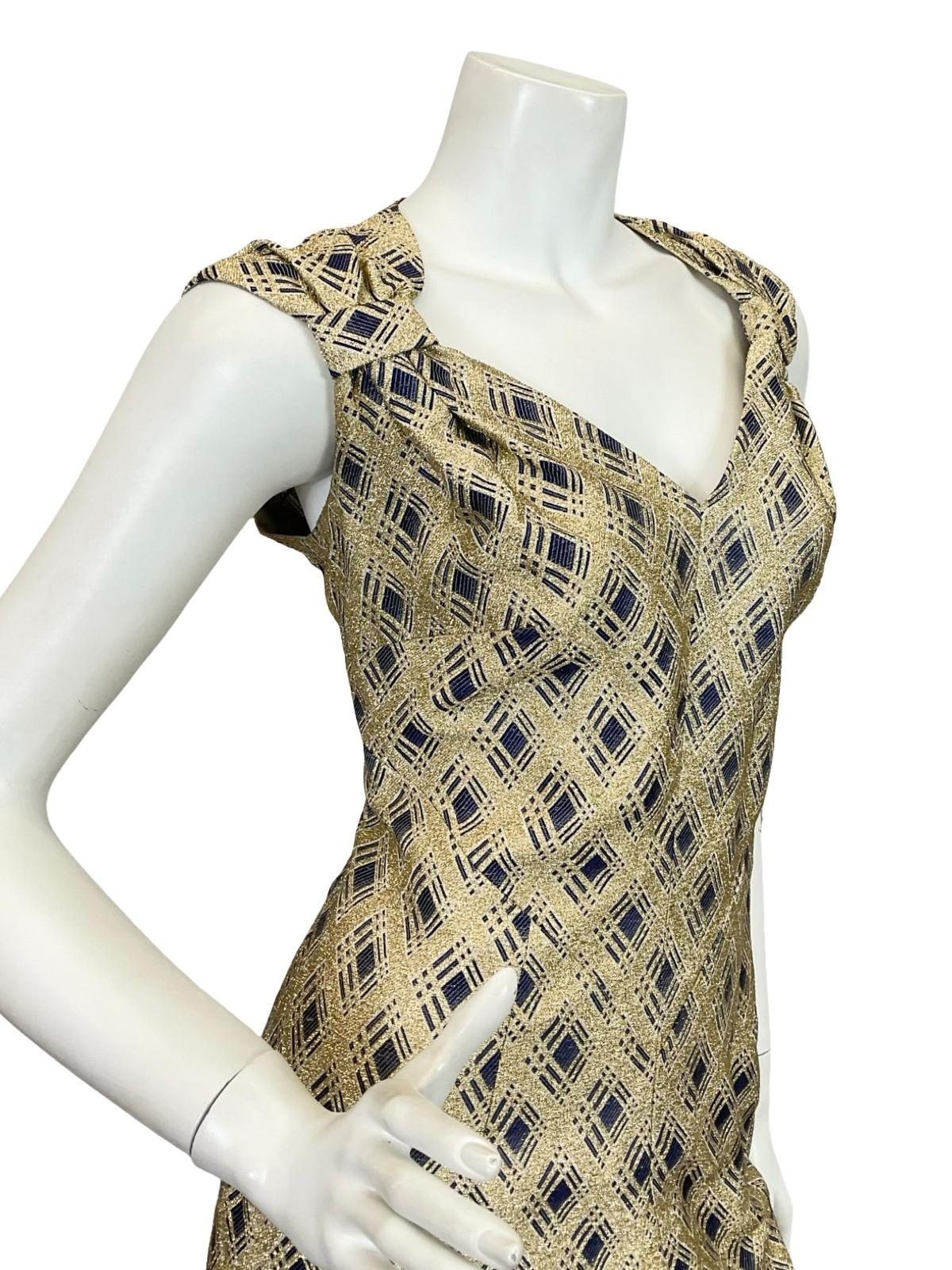 VTG 60S 70S GOLD NAVY BLUE GLITTERING PLAID GEOMETRIC SWEETHEART MAXI DRESS 12