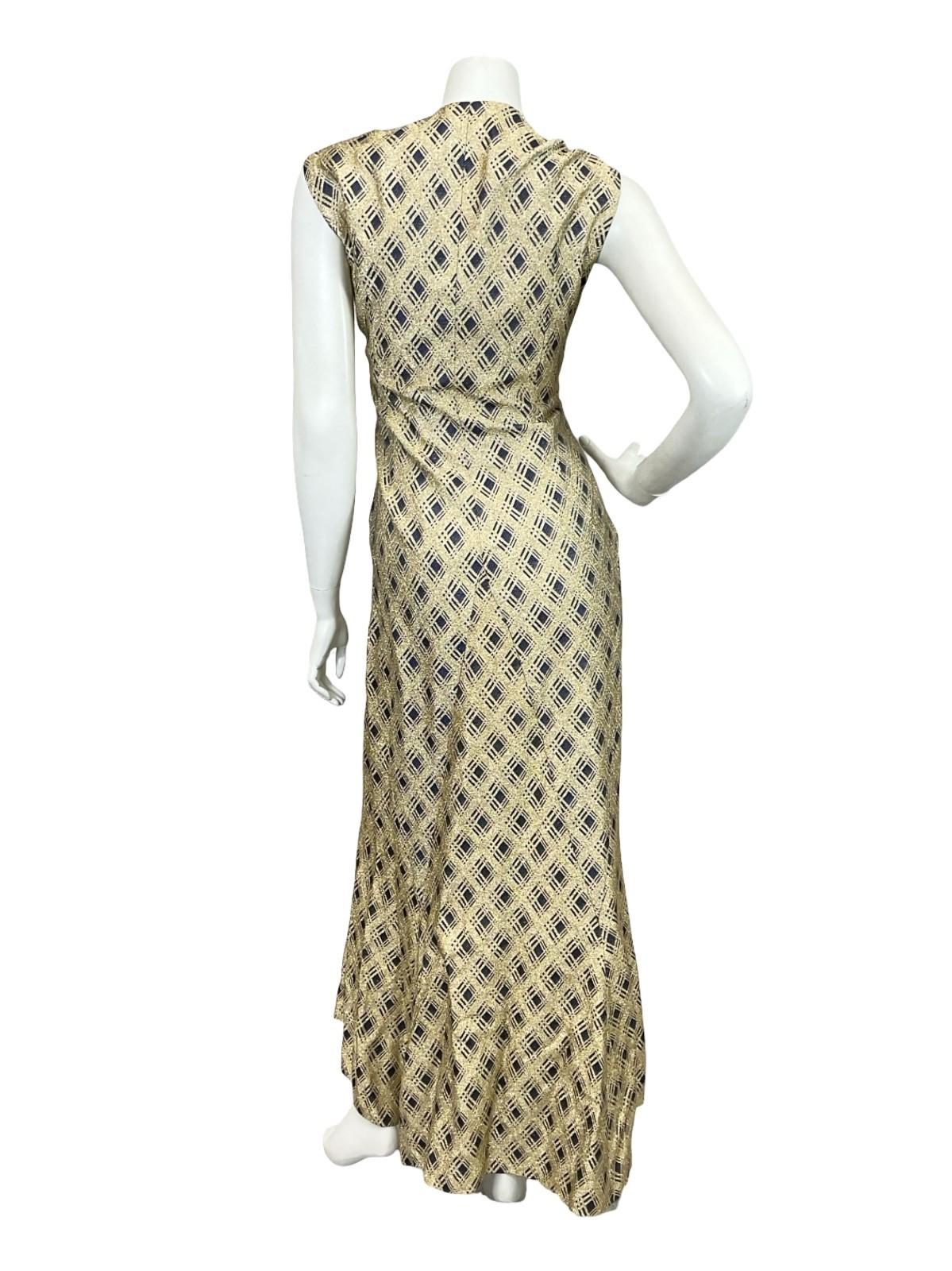 VTG 60S 70S GOLD NAVY BLUE GLITTERING PLAID GEOMETRIC SWEETHEART MAXI DRESS 12