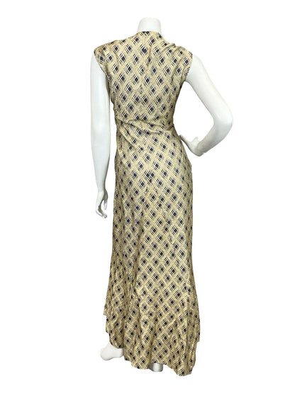 VTG 60S 70S GOLD NAVY BLUE GLITTERING PLAID GEOMETRIC SWEETHEART MAXI DRESS 12