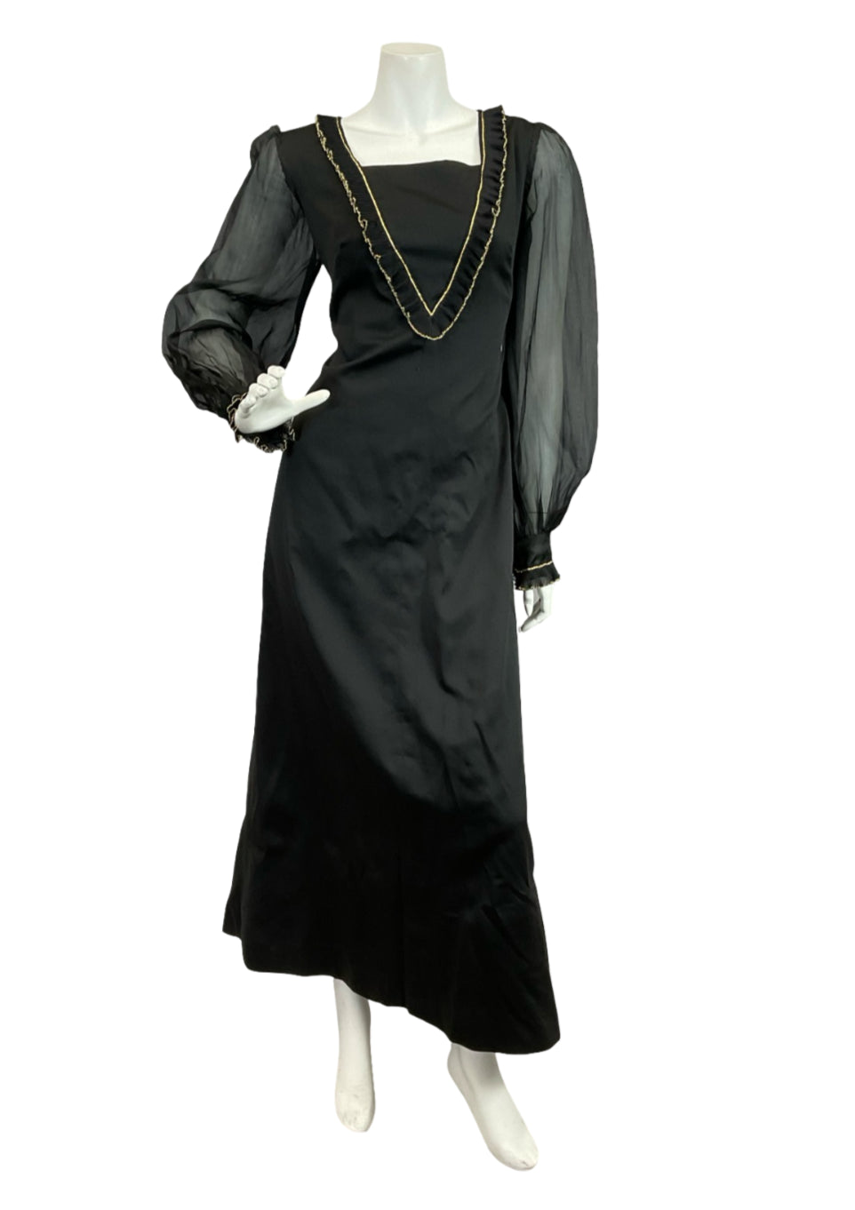 VTG 60S 70S BLACK GOLD RUFFLE MESH BISHOP SLEEVE MEDIEVAL PARTY MAXI DRESS 12