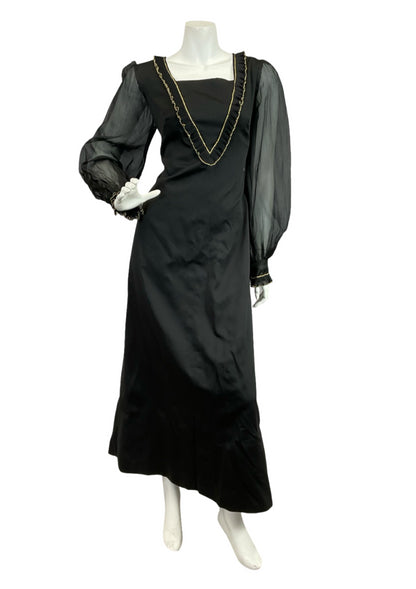 VTG 60S 70S BLACK GOLD RUFFLE MESH BISHOP SLEEVE MEDIEVAL PARTY MAXI DRESS 12