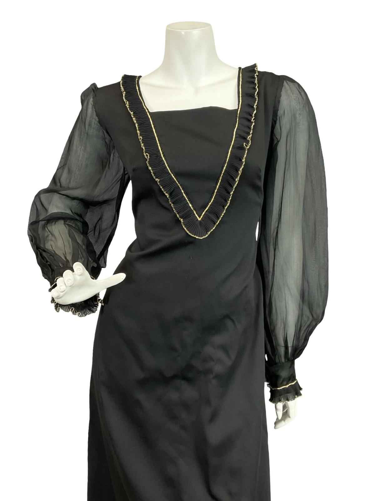 VTG 60S 70S BLACK GOLD RUFFLE MESH BISHOP SLEEVE MEDIEVAL PARTY MAXI DRESS 12