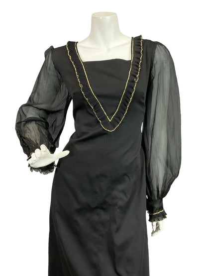 VTG 60S 70S BLACK GOLD RUFFLE MESH BISHOP SLEEVE MEDIEVAL PARTY MAXI DRESS 12