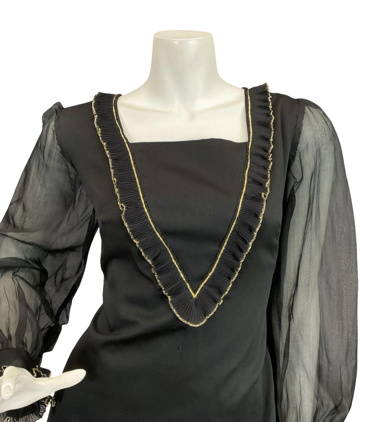 VTG 60S 70S BLACK GOLD RUFFLE MESH BISHOP SLEEVE MEDIEVAL PARTY MAXI DRESS 12