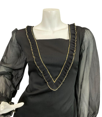 VTG 60S 70S BLACK GOLD RUFFLE MESH BISHOP SLEEVE MEDIEVAL PARTY MAXI DRESS 12