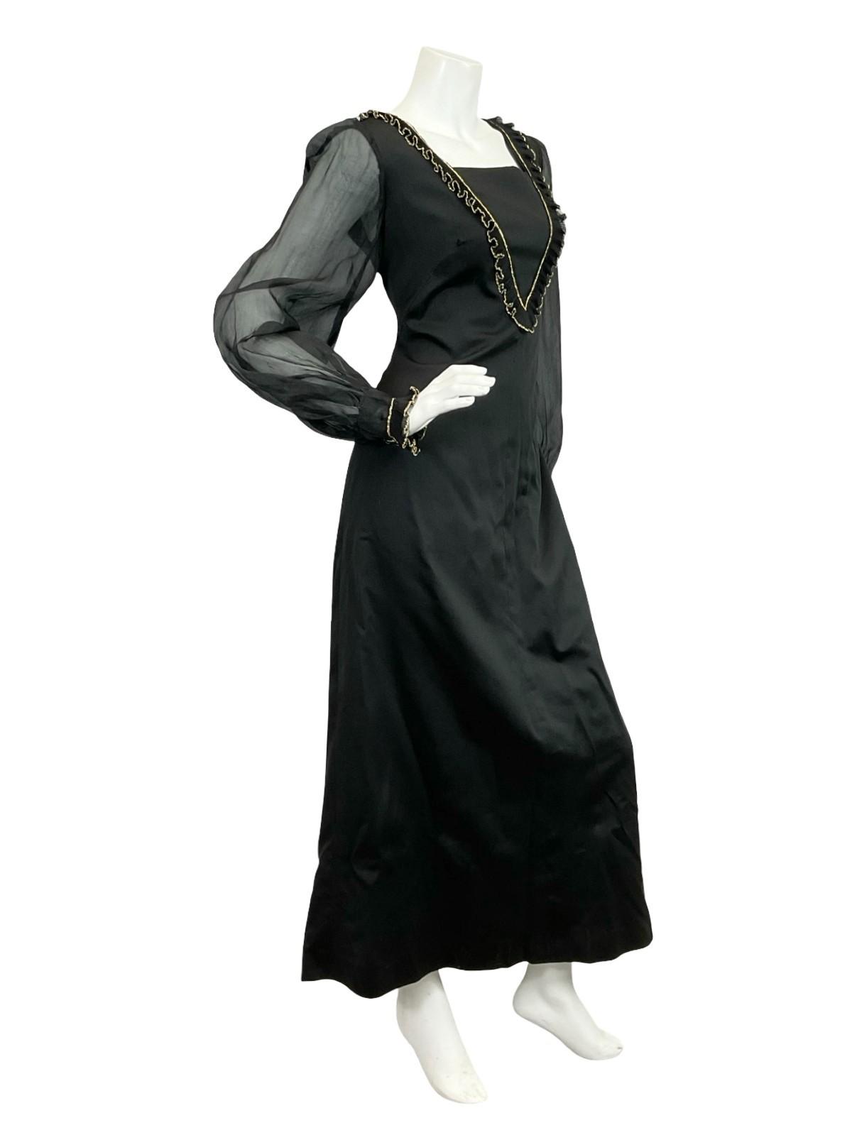 VTG 60S 70S BLACK GOLD RUFFLE MESH BISHOP SLEEVE MEDIEVAL PARTY MAXI DRESS 12