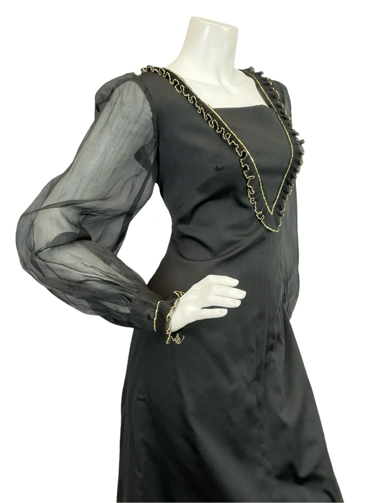 VTG 60S 70S BLACK GOLD RUFFLE MESH BISHOP SLEEVE MEDIEVAL PARTY MAXI DRESS 12