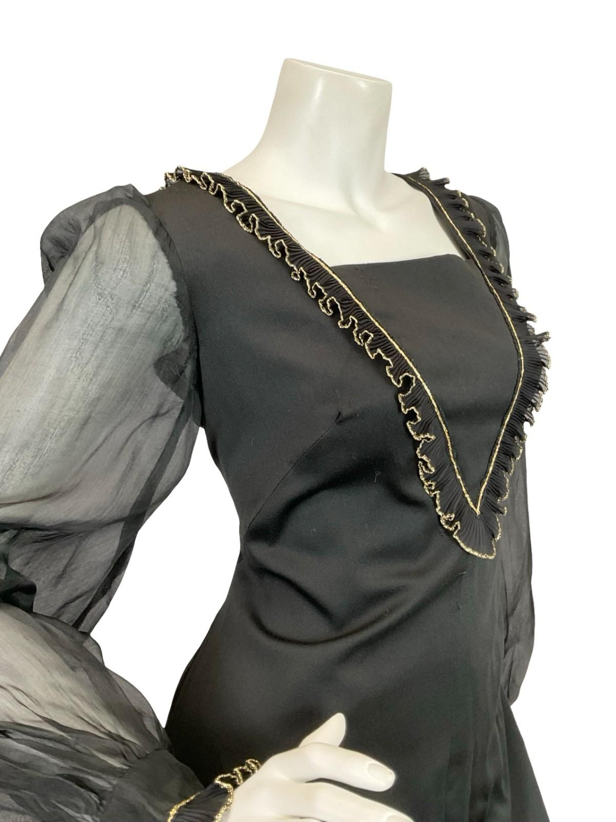 VTG 60S 70S BLACK GOLD RUFFLE MESH BISHOP SLEEVE MEDIEVAL PARTY MAXI DRESS 12