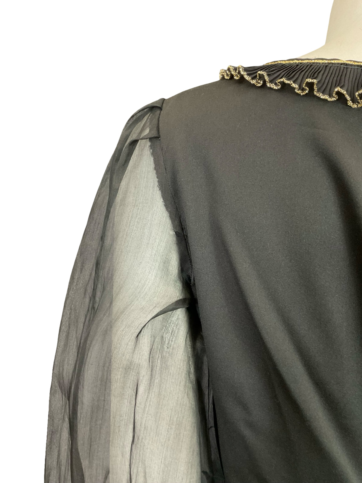 VTG 60S 70S BLACK GOLD RUFFLE MESH BISHOP SLEEVE MEDIEVAL PARTY MAXI DRESS 12