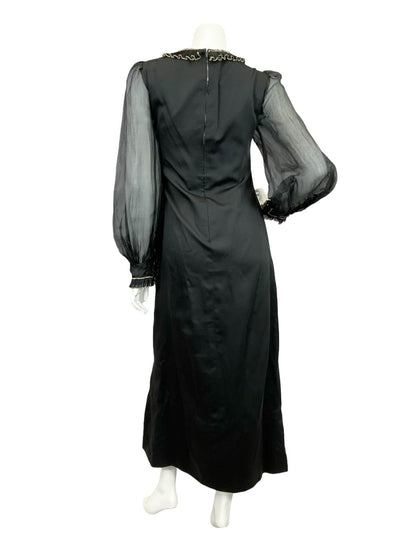 VTG 60S 70S BLACK GOLD RUFFLE MESH BISHOP SLEEVE MEDIEVAL PARTY MAXI DRESS 12