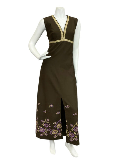 VTG 60S 70S BROWN GOLD PURPLE FLORAL EMBROIDERED EMPIRE PLUNGE MAXI DRESS 10