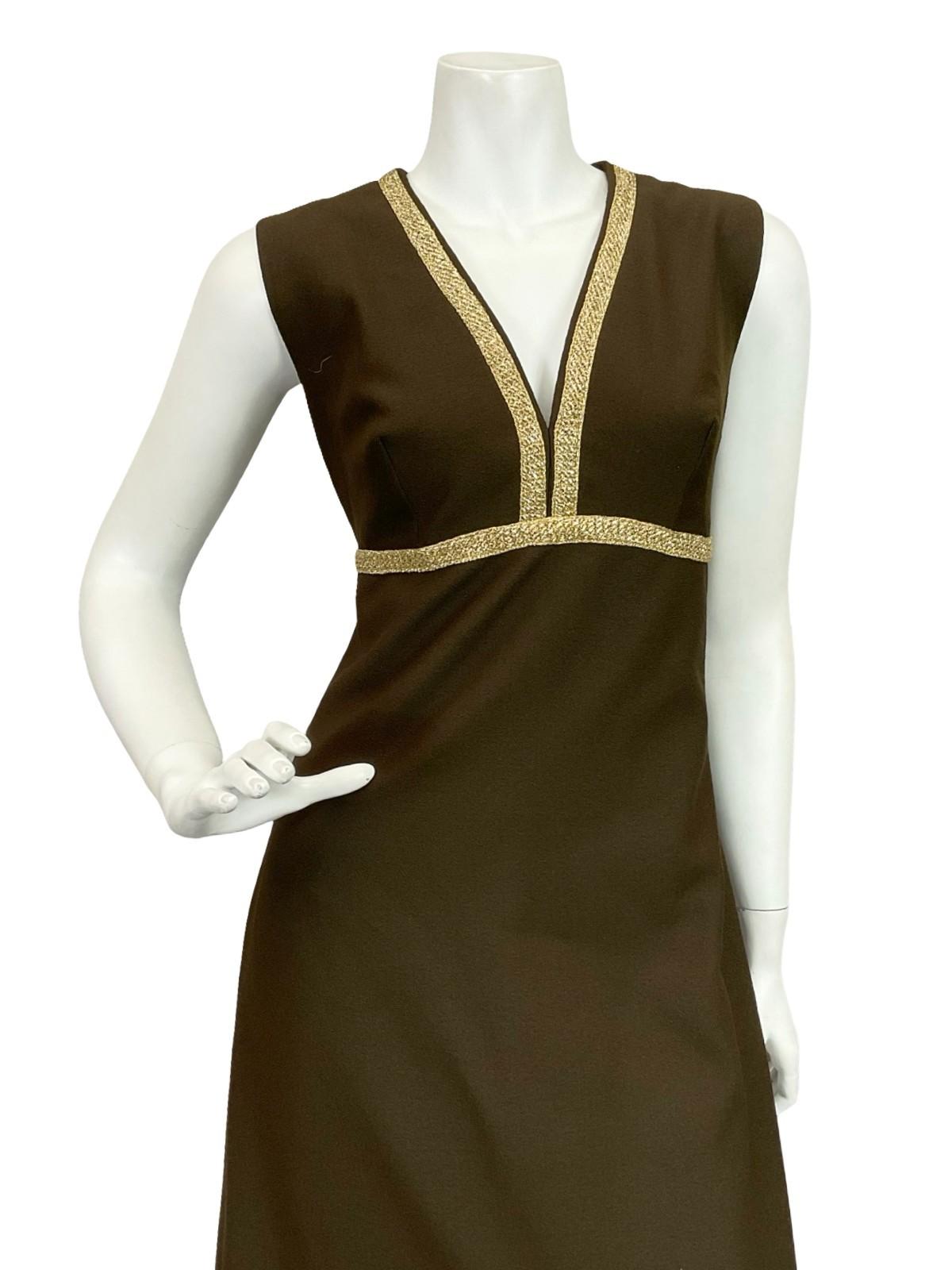 VTG 60S 70S BROWN GOLD PURPLE FLORAL EMBROIDERED EMPIRE PLUNGE MAXI DRESS 10