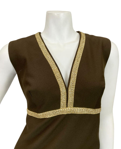 VTG 60S 70S BROWN GOLD PURPLE FLORAL EMBROIDERED EMPIRE PLUNGE MAXI DRESS 10