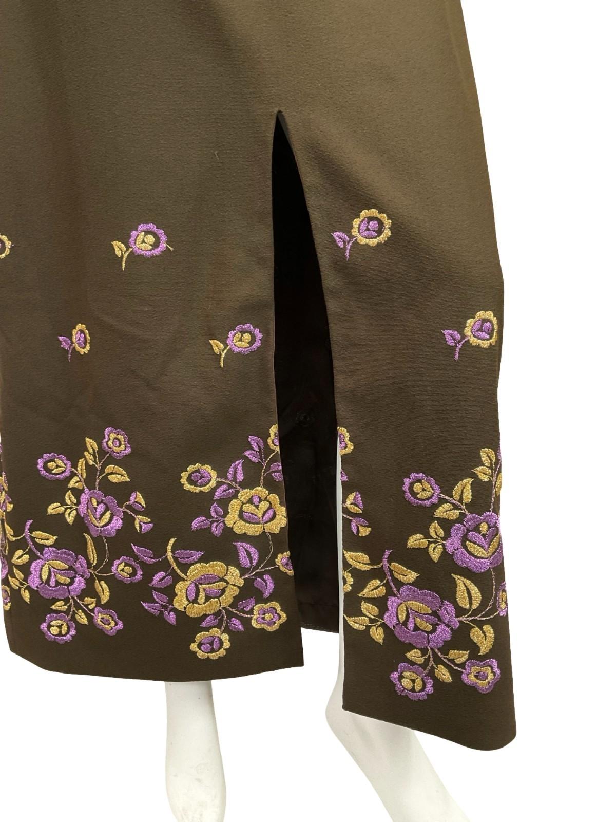 VTG 60S 70S BROWN GOLD PURPLE FLORAL EMBROIDERED EMPIRE PLUNGE MAXI DRESS 10