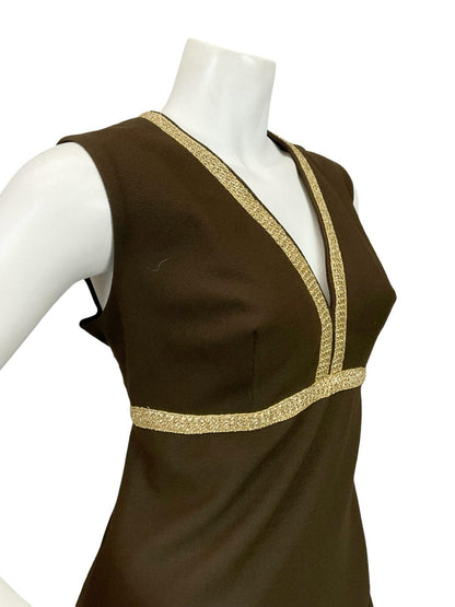 VTG 60S 70S BROWN GOLD PURPLE FLORAL EMBROIDERED EMPIRE PLUNGE MAXI DRESS 10