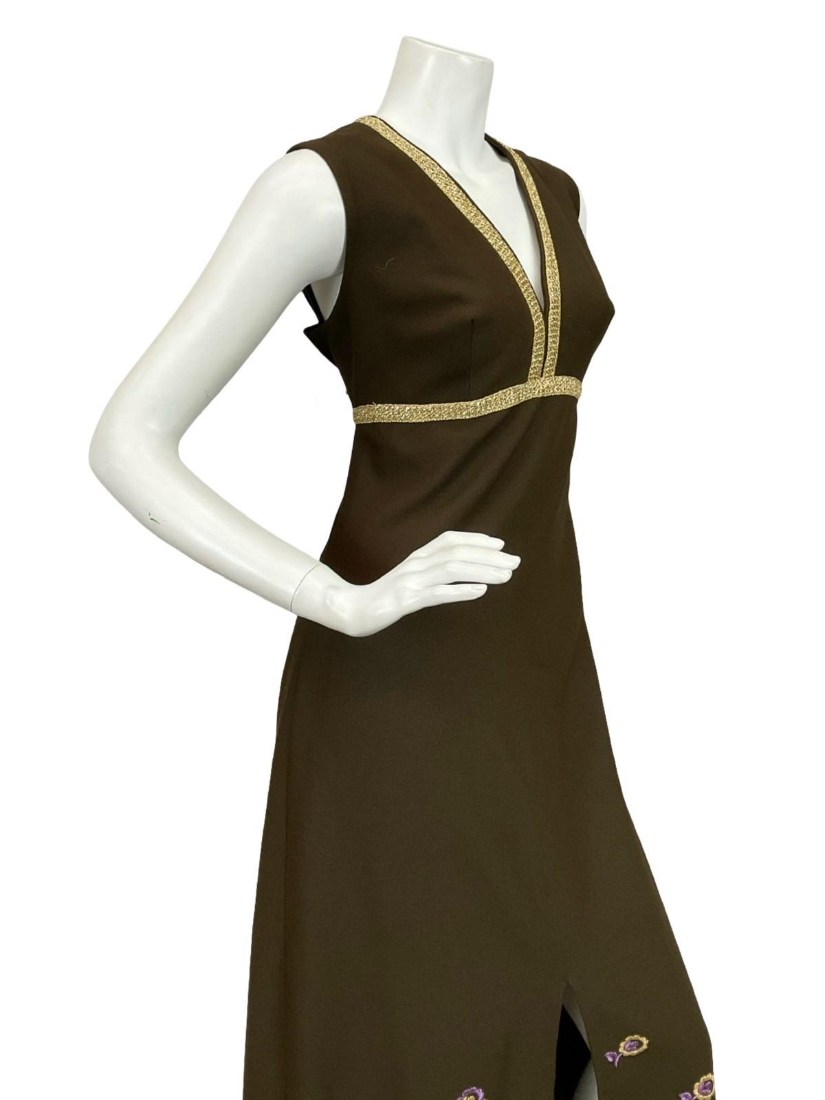 VTG 60S 70S BROWN GOLD PURPLE FLORAL EMBROIDERED EMPIRE PLUNGE MAXI DRESS 10