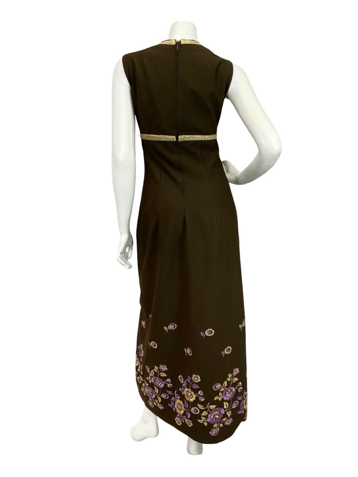 VTG 60S 70S BROWN GOLD PURPLE FLORAL EMBROIDERED EMPIRE PLUNGE MAXI DRESS 10
