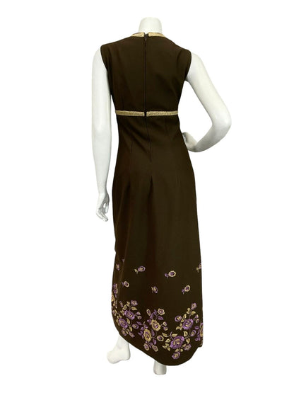 VTG 60S 70S BROWN GOLD PURPLE FLORAL EMBROIDERED EMPIRE PLUNGE MAXI DRESS 10