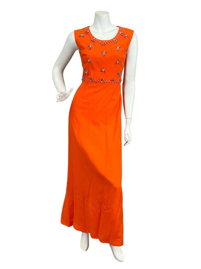 VTG 60S 70S BRIGHT ORANGE DIAMANTE STAR BEADED PEARL PURE WOOL MAXI DRESS 10 12