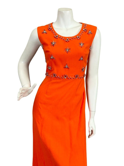 VTG 60S 70S BRIGHT ORANGE DIAMANTE STAR BEADED PEARL PURE WOOL MAXI DRESS 10 12