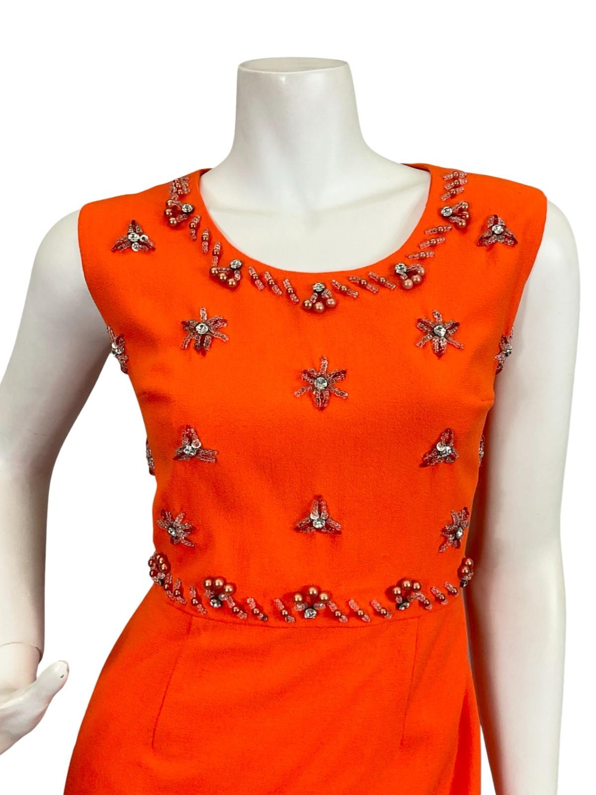 VTG 60S 70S BRIGHT ORANGE DIAMANTE STAR BEADED PEARL PURE WOOL MAXI DRESS 10 12