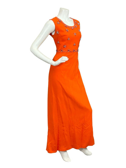 VTG 60S 70S BRIGHT ORANGE DIAMANTE STAR BEADED PEARL PURE WOOL MAXI DRESS 10 12