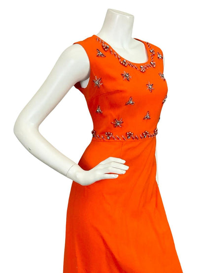 VTG 60S 70S BRIGHT ORANGE DIAMANTE STAR BEADED PEARL PURE WOOL MAXI DRESS 10 12