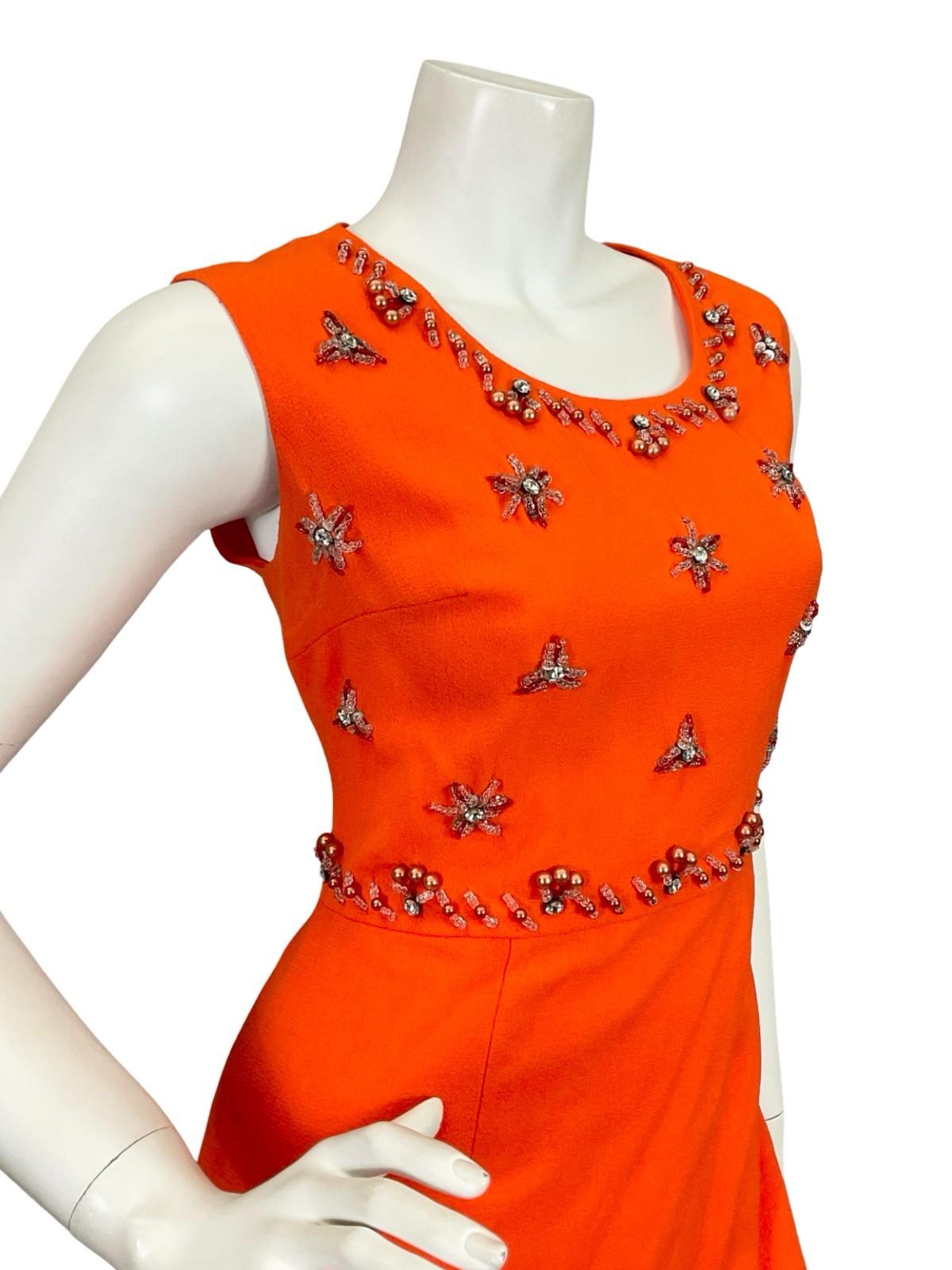 VTG 60S 70S BRIGHT ORANGE DIAMANTE STAR BEADED PEARL PURE WOOL MAXI DRESS 10 12