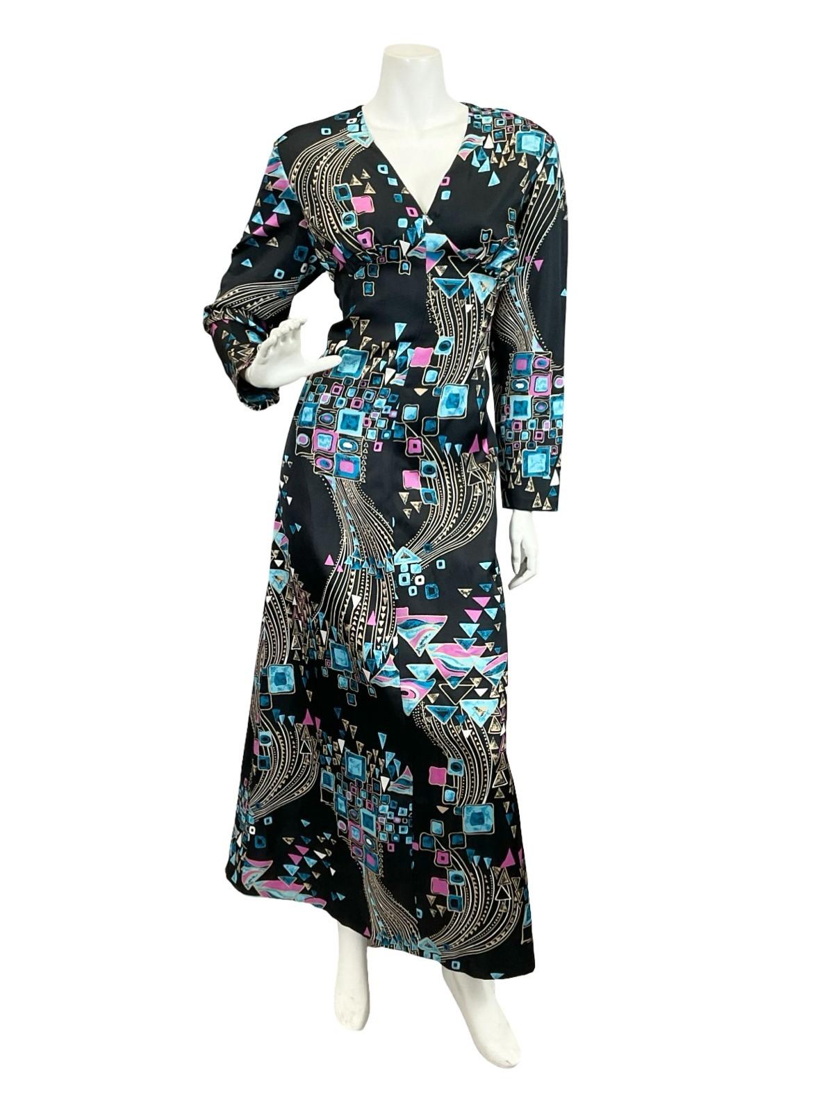 VTG 60S 70S BLACK BLUE CREAM PURPLE GEOMETRIC PLUNGE SWIRL MAXI DRESS 14