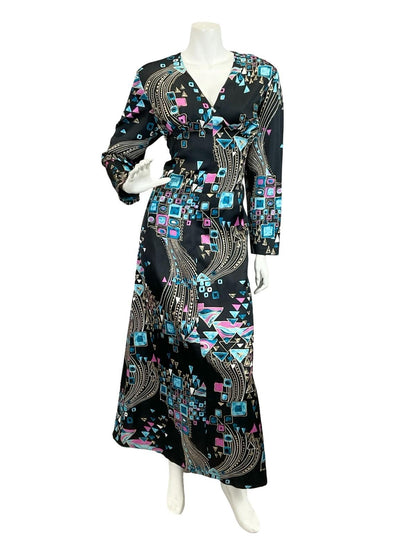 VTG 60S 70S BLACK BLUE CREAM PURPLE GEOMETRIC PLUNGE SWIRL MAXI DRESS 14
