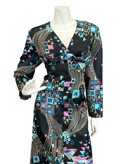 VTG 60S 70S BLACK BLUE CREAM PURPLE GEOMETRIC PLUNGE SWIRL MAXI DRESS 14