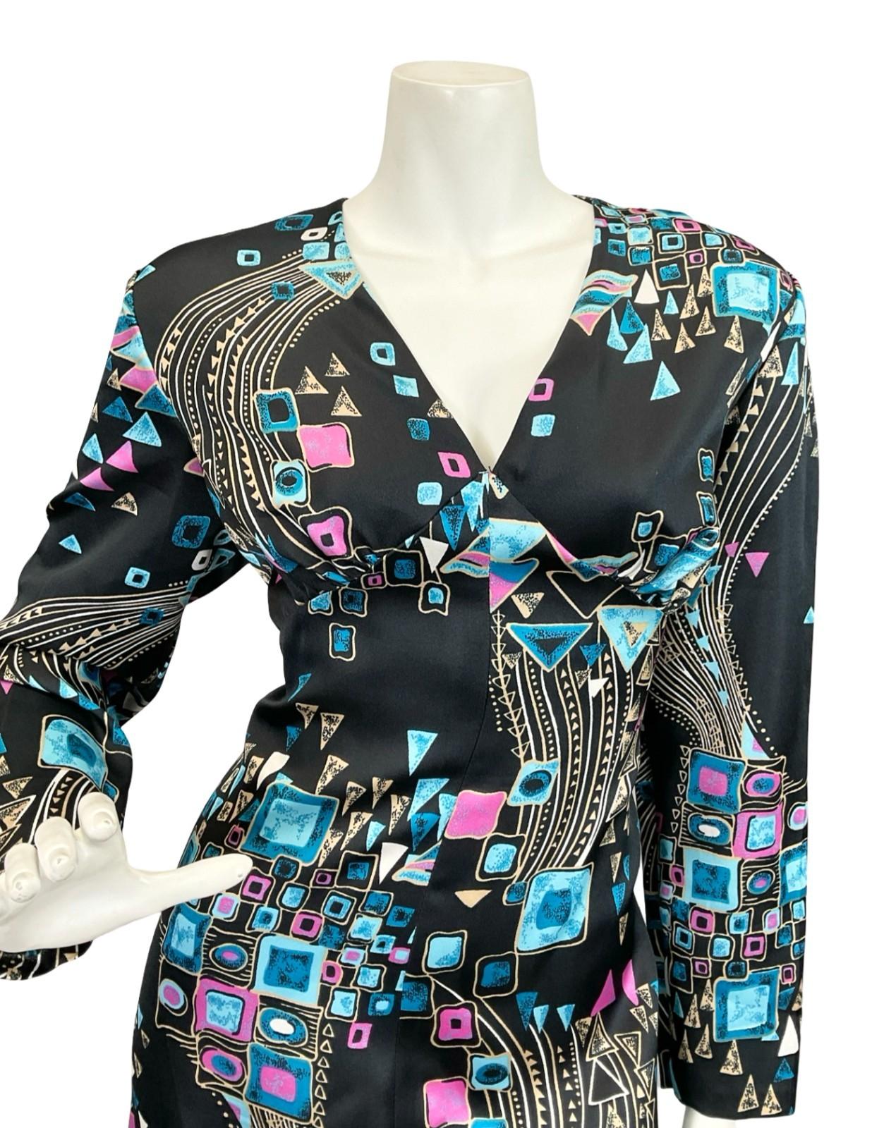 VTG 60S 70S BLACK BLUE CREAM PURPLE GEOMETRIC PLUNGE SWIRL MAXI DRESS 14