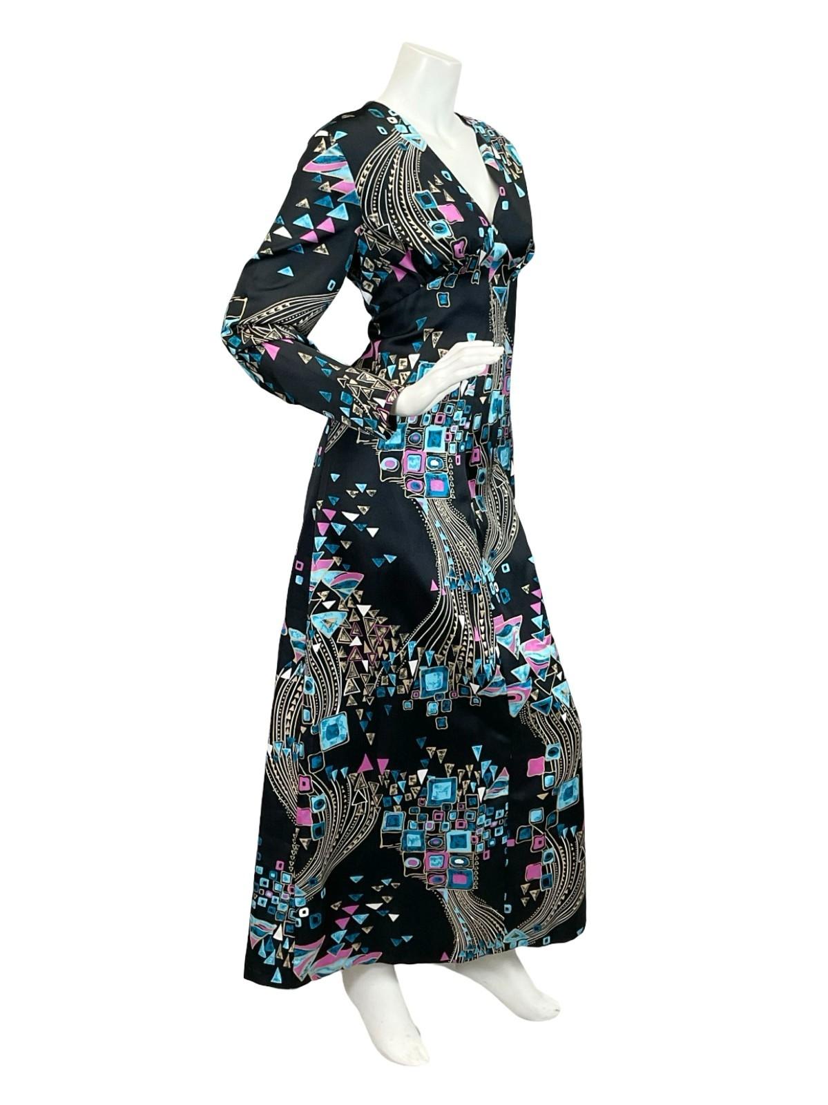 VTG 60S 70S BLACK BLUE CREAM PURPLE GEOMETRIC PLUNGE SWIRL MAXI DRESS 14
