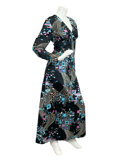 VTG 60S 70S BLACK BLUE CREAM PURPLE GEOMETRIC PLUNGE SWIRL MAXI DRESS 14