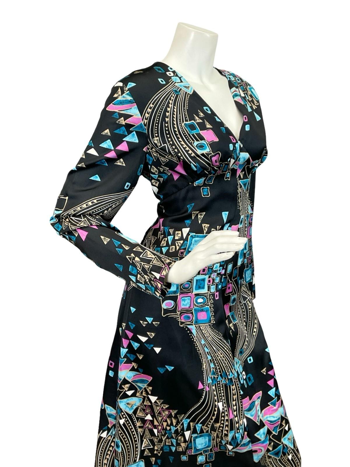 VTG 60S 70S BLACK BLUE CREAM PURPLE GEOMETRIC PLUNGE SWIRL MAXI DRESS 14