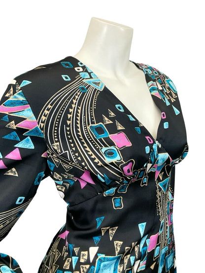 VTG 60S 70S BLACK BLUE CREAM PURPLE GEOMETRIC PLUNGE SWIRL MAXI DRESS 14