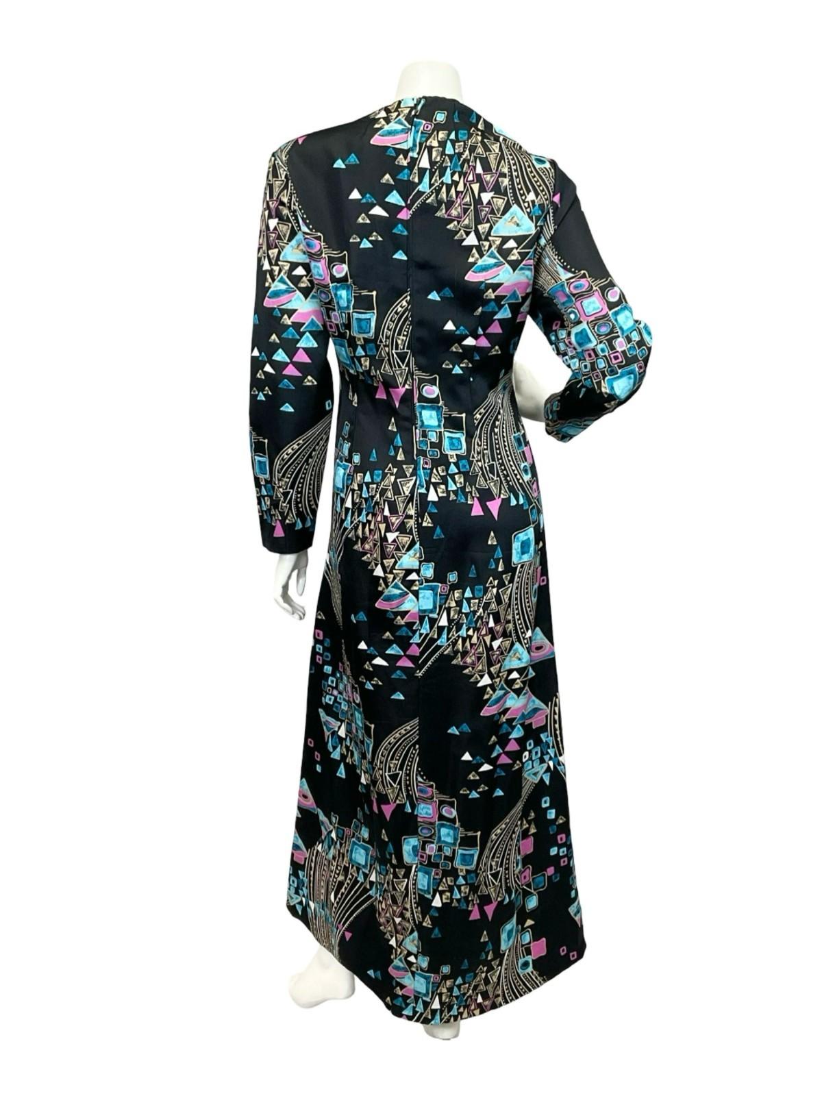 VTG 60S 70S BLACK BLUE CREAM PURPLE GEOMETRIC PLUNGE SWIRL MAXI DRESS 14