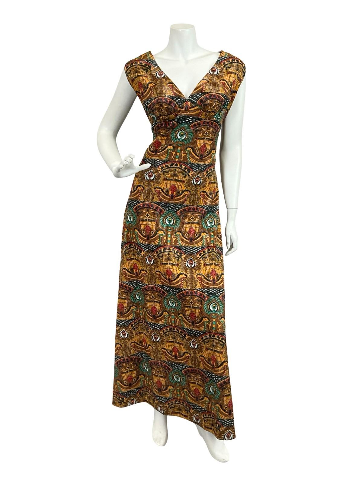 VTG 60S 70S GOLD GREEN BROWN RED GLITTERY LUREX EGYPT HORUS EMPIRE MAXI 14