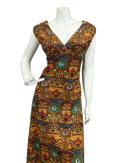 VTG 60S 70S GOLD GREEN BROWN RED GLITTERY LUREX EGYPT HORUS EMPIRE MAXI 14