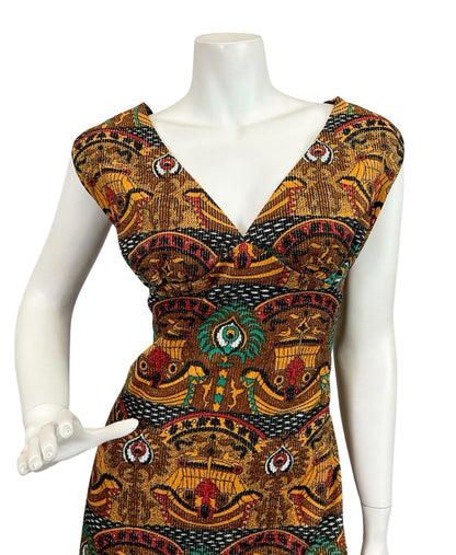 VTG 60S 70S GOLD GREEN BROWN RED GLITTERY LUREX EGYPT HORUS EMPIRE MAXI 14